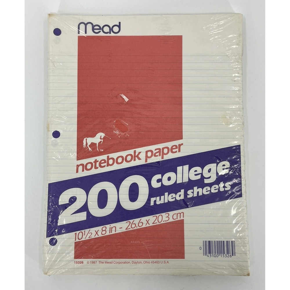 NOS Vintage 1987 Mead Notebook Paper College Ruled 200 Sheets USA Unicorn